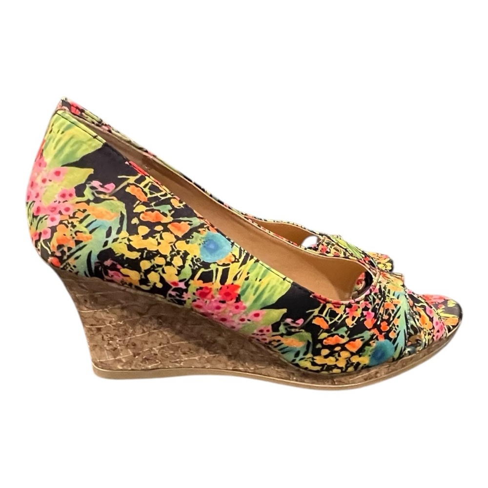 Dexflex Comfort Floral Cork Wedge Heels Size 7.5‎ |Bright Tropical Peep Toe